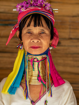 Chiang Rai, Thailand, Portrait of Karen Long Neck Woman at Hill Tribe Village