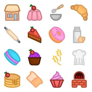 Bakery Icons. Color cartoon design. The set includes various confectionery products, as well as methods and means of their preparation and sale. Vector on a white background