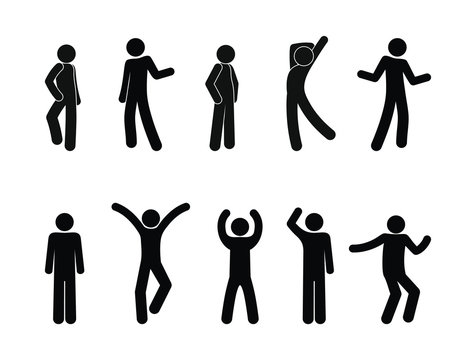 man icon, dancing and posture, people stand, waving, sticks figure people illustration, isolated human silhouettes