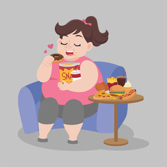 Big Fat Happy woman enjoy eating donut snack sitting on sofa