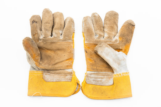 Heat resistant leather gloves For welding on white background.