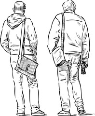 Fototapeta na wymiar Sketch of casual towns men standing on street
