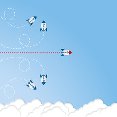 Think differently concept. Be different. Red rocket changing direction. New idea, change, trend, courage, creative solution, innovation and unique way concept.