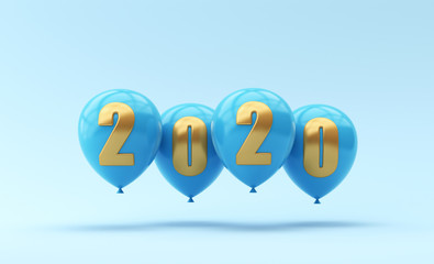 Gold 2020 inscription on blue balls on a white background. 3D render. New Year illustration.