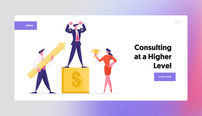 Goal Achievement Success Website Landing Page. Business Winner on Pedestal Demonstrate Power. Businesspeople Holding Golden Goblet and Huge Arrow Web Page Banner. Cartoon Flat Vector Illustration