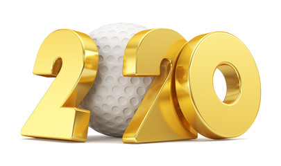 3d illustration rendering. White golf ball and gold numbers 2020 on a white background.