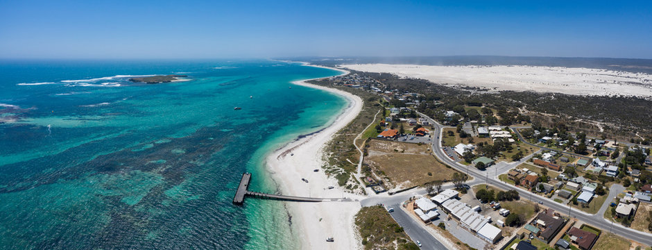 Aerial view of the small town of Lancelin in Western Australia, famous for the turquoise clear waters and sand dunes behind the town which can be surfed