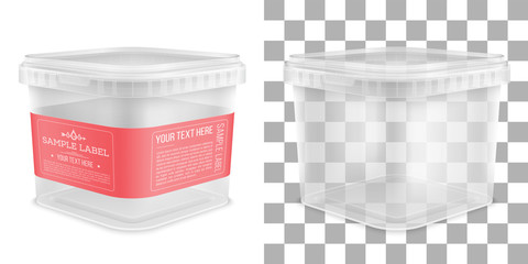 Vector transparent square empty plastic bucket with label. Front view from the corner. © vinap