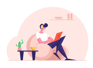Remote Freelance Work Concept. Man Freelancer Wearing Headset Sitting in Comfortable Armchair Working Distant on Laptop. Creative Employee Character Work at Home. Cartoon Flat Vector Illustration
