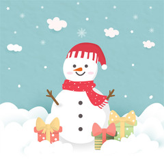 csweet snowman is smiling among gift boxes Christmas time. He is wearing scarf and hat on blue paper background little wind. Falling snow but happy season hope winter cartoon.holiday time warming fami