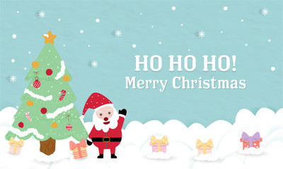 Sweet Santa Claus stand under Christmas tree with many gift boxes. cute blue pastel paper background cartoon design. White cloud and wording ho ho ho merry happy lovely card banner wallpaper new year.