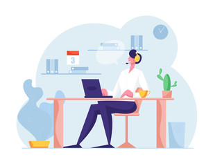 Hotline Call Center. Customer Service Staff in Headset Work on Computer. Operator and Client Communication, Technical Support Specialist Solve Client Problems Online. Cartoon Flat Vector Illustration