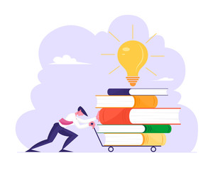 Man Pushing Trolley with Huge Steak of Books and Glowing Light Bulb. Businessman, Office Employee Character Gaining Education, Developing Creative Idea at Workplace. Cartoon Flat Vector Illustration