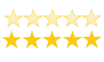 doodle Stars rating icon set. Gold star icon set isolated on a white background with hand drawn style