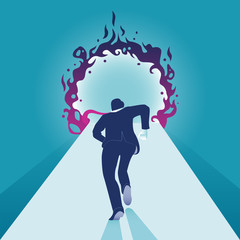 Businessman running into fire hole. Business Vector Illustration 