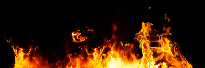 panorama fire flames on black background
