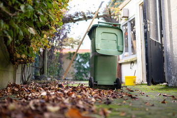 Sweeping the fallen leaves from the garden ground into a green waste bin for recycling during autumn fall season