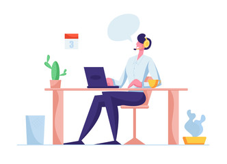 Customer Support Service. Consultant on Hotline Chat with Client, Telemarketer. Call Center Answer Infographic Character in Headset Technical Professional Receptionist Cartoon Flat Vector Illustration