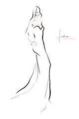 Young beautiful woman, model in evening dress. Fashion illustration in sketch style. Vector