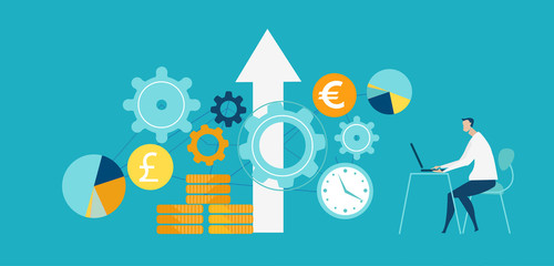 Man working with the laptop and controlling wind turbine power generators process. Alternative energy sources, eco friendly future, safe the planet concept. 