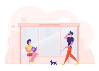 People on Bus Station. Young Woman Sitting on Bench Reading Book while Waiting Commuter. Relaxed Man Pedestrian Walking with Dog Talking by Smartphone. City Transport Cartoon Flat Vector Illustration