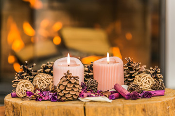 Christmas decoration on wooden table at home during christmas time. Close up. Home decoration