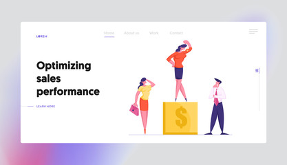 Career Success Website Landing Page. Businesspeople Watch on Business Woman Stand on Top of Winner Pedestal Demonstrate Muscles and Power to Colleagues Web Page Banner Cartoon Flat Vector Illustration