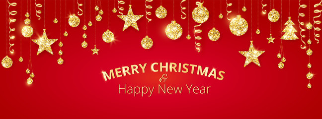 Merry Christmas banner with gold decoration on red background