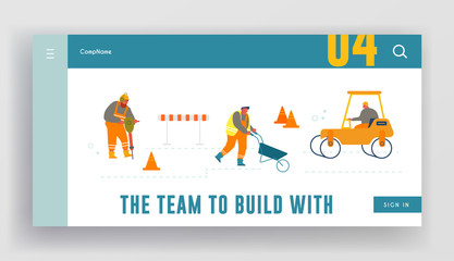 Road Repair with Roller Machine Website Landing Page. Builders Remove Soil with Shovel and Wheelbarrow on Construction Site or Highway Renovation Web Page Banner. Cartoon Flat Vector Illustration