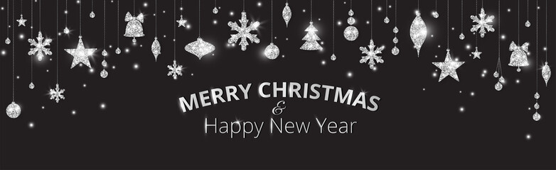 Merry Christmas banner with sparkling silver decoration on black background