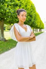 A woman looking at the camera