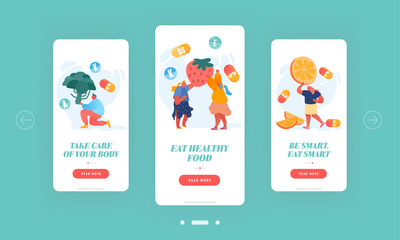 Fortified Products and Vitamins Mobile App Page Onboard Screen Set. People Eat Fruit, Vegetable Berries as Source of Energy and Health Concept for Website or Web Page, Cartoon Flat Vector Illustration