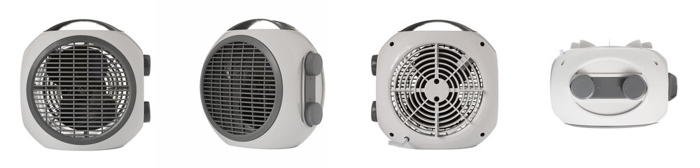 Photo collage, White portable electric heater isolated on white background. Close up Fan heater