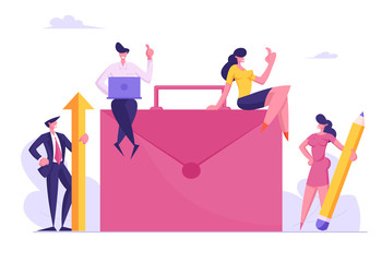 Teamwork Cooperation, Partnership and Office Work Concept. Businesspeople around of Huge Briefcase with Laptop, Pencil and Arrow Working and Developing Startup Project Cartoon Flat Vector Illustration