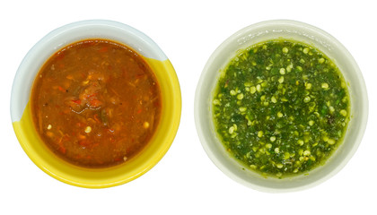 Top View Seafood sauce green and red color on cup , Clipping Path