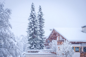 Winter landscape in the town of Neustift in the Stubai Valley in Austria. Tyrolean house amid heavy snow and fir trees