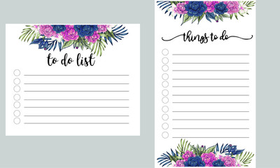 List TO DO with, check list,  Layout sheet with place for notes and thinks. Vector template page for print, office, school. Modern design and trendy handwritten lettering.