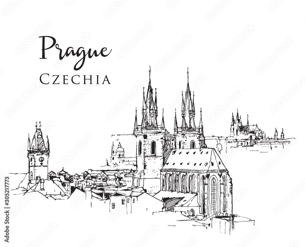 Wall mural drawing sketch illustration of prague