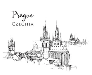 Drawing sketch illustration of Prague - obrazy, fototapety, plakaty