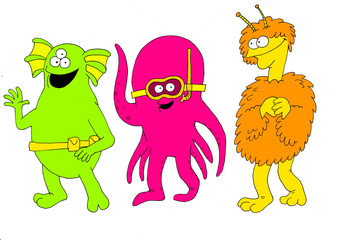 A group of childish characters that look like monsters and friendly aliens