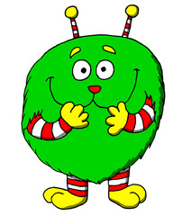 Funny front and profile illustration of a furry, fat and  green character