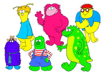 A group of childish characters that look like monsters and friendly aliens