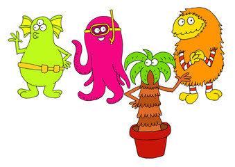 A group of childish characters that look like monsters and friendly aliens