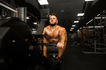 Fototapeta na wymiar Young sporty muscular man is working out in gym. Cross fit training. Paddling training apparatus. Side view of sportsmen is rowing in the gym.