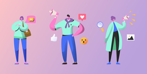 Social Marketing People Set. Man and Woman Characters Promoting Online in Web Networks Using Smartphone and Megaphone, Girl Using Cellphone for Internet Networking. Cartoon Flat Vector Illustration