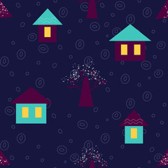 Christmas seamless pattern with violet and blue houses and snowy trees. Winter landscape. Design for invitations, wrapping paper, cards - Vector