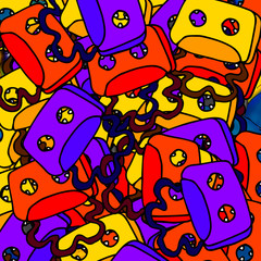 Background full of colored audio cassette tapes 