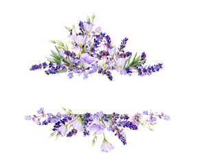 Malerischer Rahmen aus Lavendel, Glockenblumen, Blättern, Kräutern handgezeichnet in Aquarell auf weißem Hintergrund. Blumenaquarellillustration. Ideal zum Erstellen von Einladungen, Gruß- und Hochzeitskarten