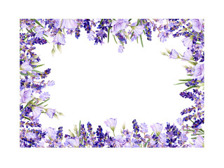 Picturesque square frame of lavender, bluebells, herbs hand drawn in watercolor isolated on a white background.Floral watercolor illustration.Ideal for creating invitations, greeting and wedding cards