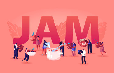 People Cooking Jam Concept. Characters Pouring Fresh Berries and Sugar to Huge Pan for Boiling and Put Dessert to Glass Jar. Preserving Poster Banner Flyer Brochure. Cartoon Flat Vector Illustration